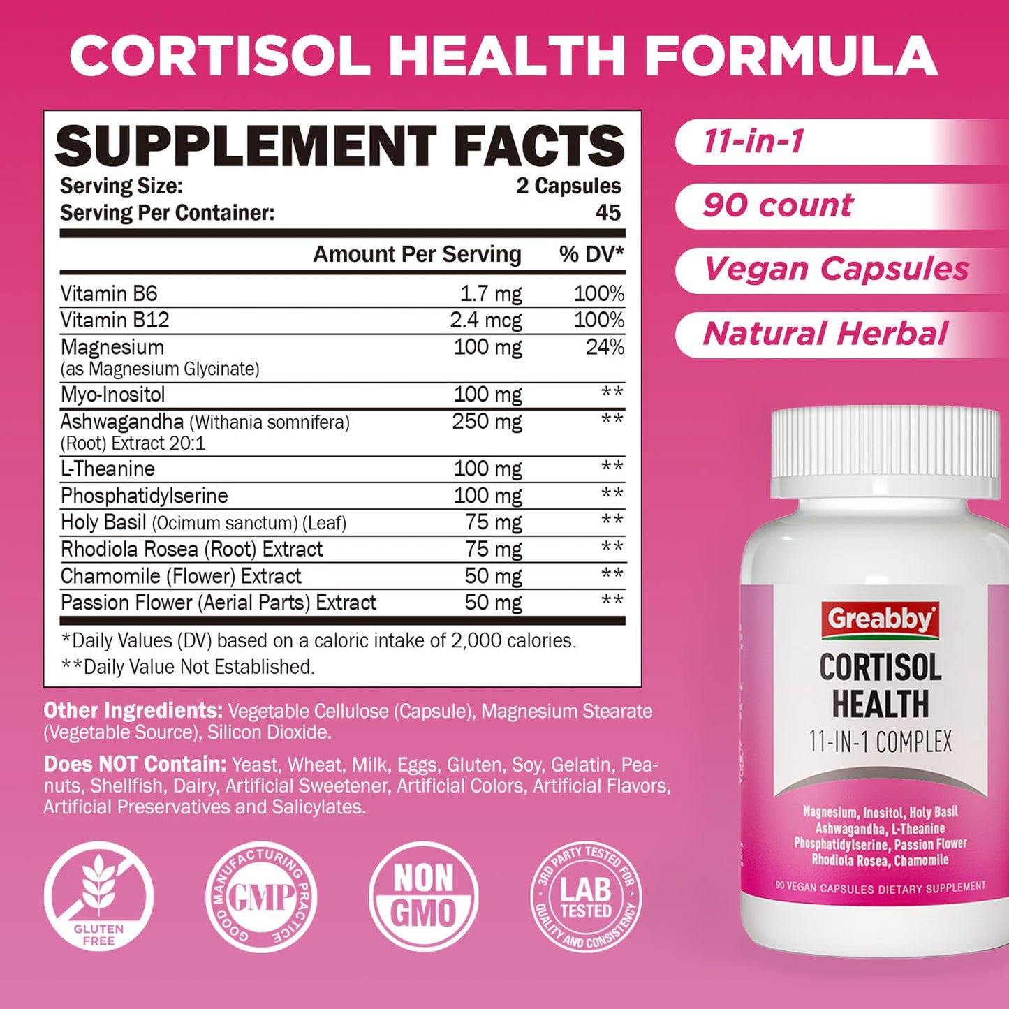 GREABBY Cortisol Supplements for Women, 11-in-1 Formula with Ashwagandha, L-Theanine, Phosphatidylserine and More, Lower Cortisol Health Support, 90 Vegan Capsules - dailyvitalstore