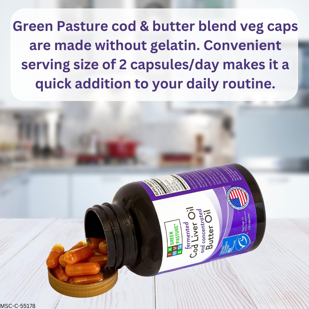Green Pasture Fermented Cod Liver Oil & Butter Oil Blend - Wild Alaska Cod, Vitamins A & D, Omega-3-6-9, MSC Certified, 120 Capsules - dailyvitalstore