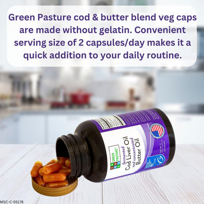 Green Pasture Fermented Cod Liver Oil & Butter Oil Blend - Wild Alaska Cod, Vitamins A & D, Omega-3-6-9, MSC Certified, 120 Capsules - dailyvitalstore