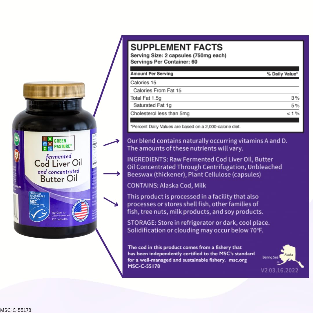 Green Pasture Fermented Cod Liver Oil & Butter Oil Blend - Wild Alaska Cod, Vitamins A & D, Omega-3-6-9, MSC Certified, 120 Capsules - dailyvitalstore