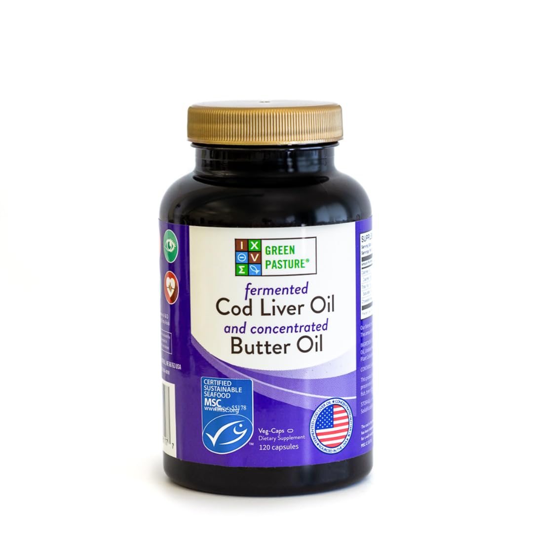 Green Pasture Fermented Cod Liver Oil & Butter Oil Blend - Wild Alaska Cod, Vitamins A & D, Omega-3-6-9, MSC Certified, 120 Capsules - dailyvitalstore