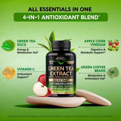 Green Tea Extract - 50% EGCG, Extra Strength 20:1 Extract - Natural Green Tea Supplement + Green Coffee Beans & Apple Cider Vinegar - Energy & Metabolism Support - dailyvitalstore