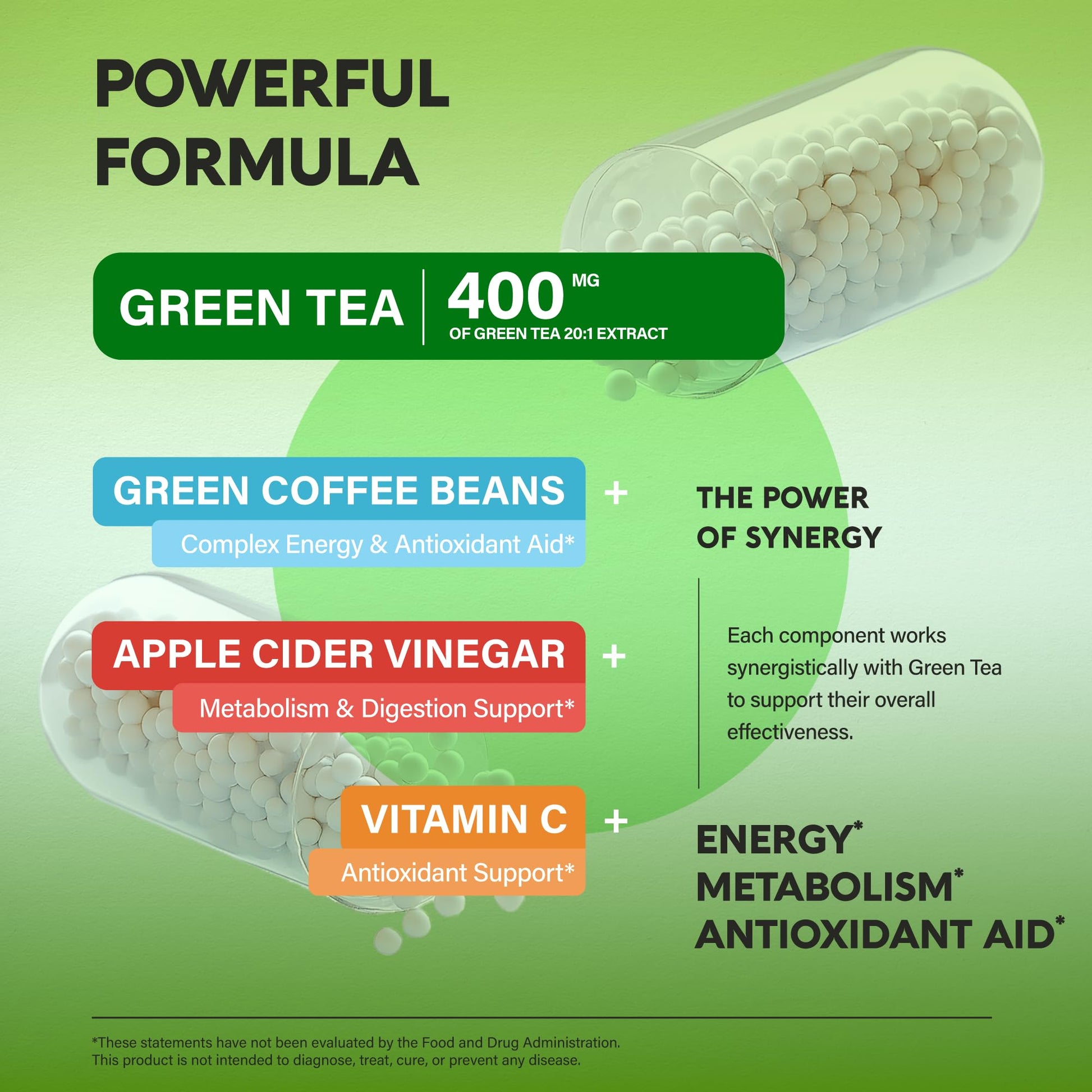 Green Tea Extract - 50% EGCG, Extra Strength 20:1 Extract - Natural Green Tea Supplement + Green Coffee Beans & Apple Cider Vinegar - Energy & Metabolism Support - dailyvitalstore