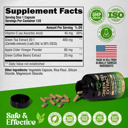 Green Tea Extract - 50% EGCG, Extra Strength 20:1 Extract - Natural Green Tea Supplement + Green Coffee Beans & Apple Cider Vinegar - Energy & Metabolism Support - dailyvitalstore