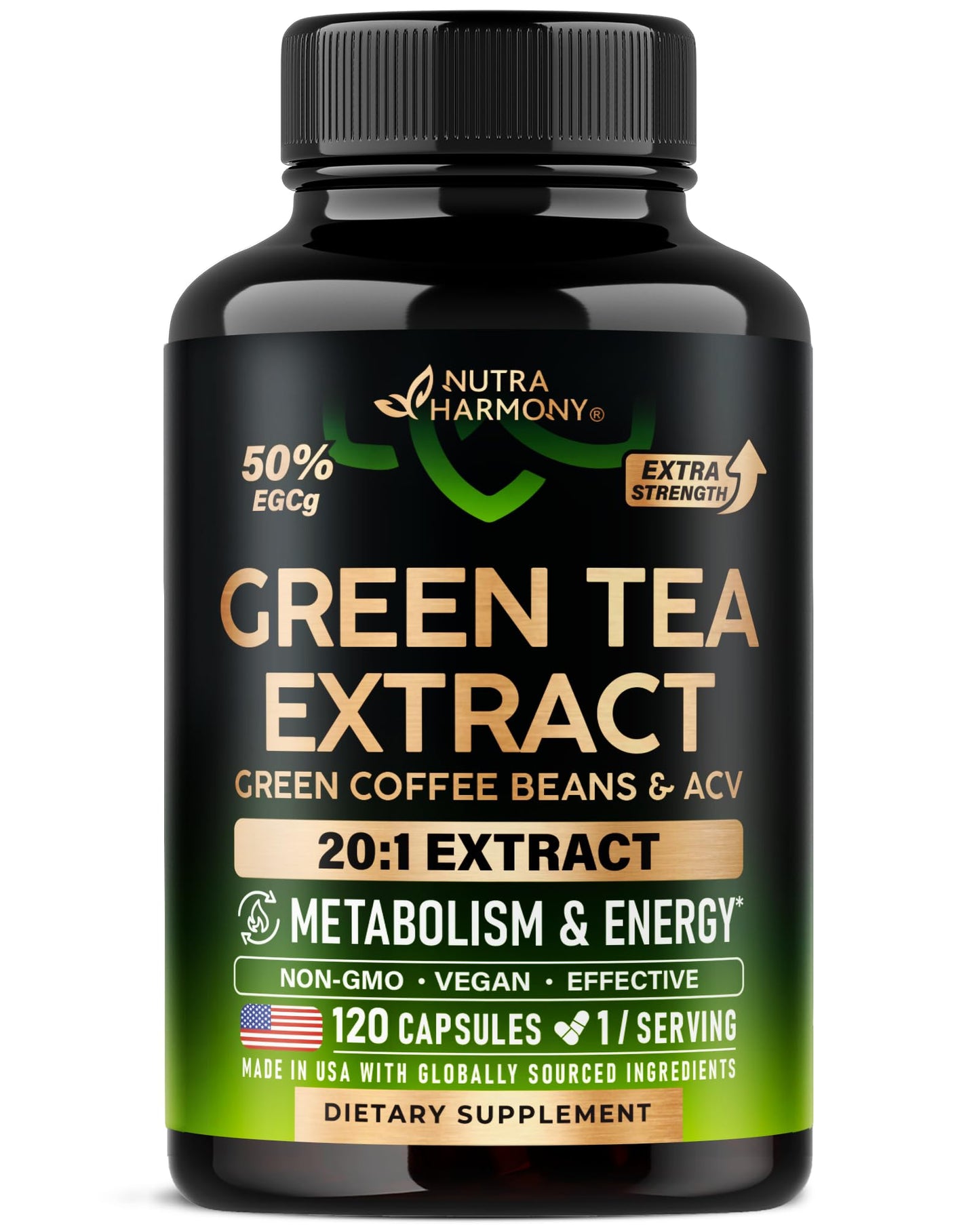Green Tea Extract - 50% EGCG, Extra Strength 20:1 Extract - Natural Green Tea Supplement + Green Coffee Beans & Apple Cider Vinegar - Energy & Metabolism Support - dailyvitalstore