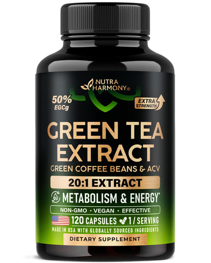 Green Tea Extract - 50% EGCG, Extra Strength 20:1 Extract - Natural Green Tea Supplement + Green Coffee Beans & Apple Cider Vinegar - Energy & Metabolism Support - dailyvitalstore