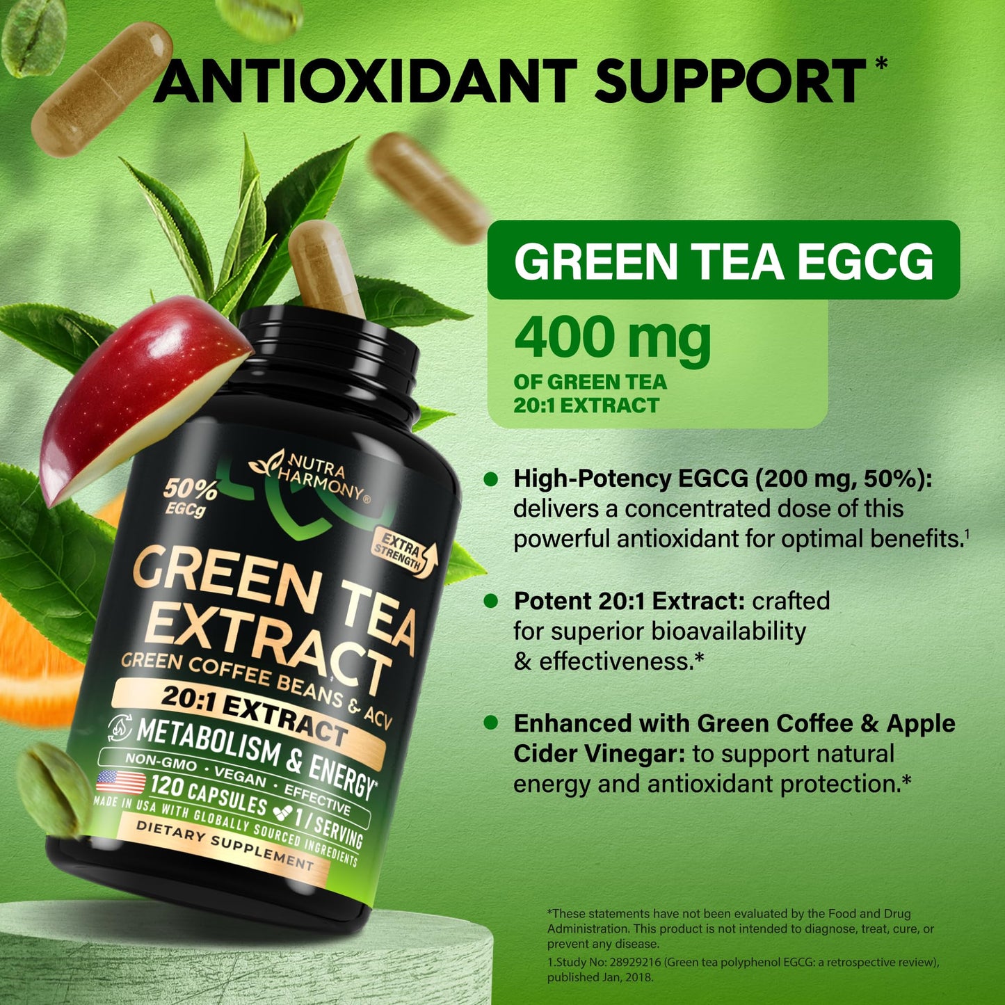 Green Tea Extract - 50% EGCG, Extra Strength 20:1 Extract - Natural Green Tea Supplement + Green Coffee Beans & Apple Cider Vinegar - Energy & Metabolism Support - dailyvitalstore