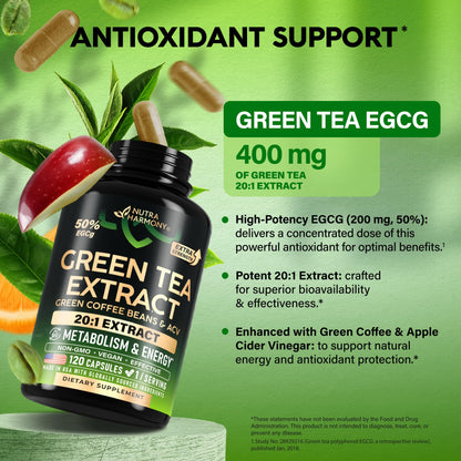 Green Tea Extract - 50% EGCG, Extra Strength 20:1 Extract - Natural Green Tea Supplement + Green Coffee Beans & Apple Cider Vinegar - Energy & Metabolism Support - dailyvitalstore