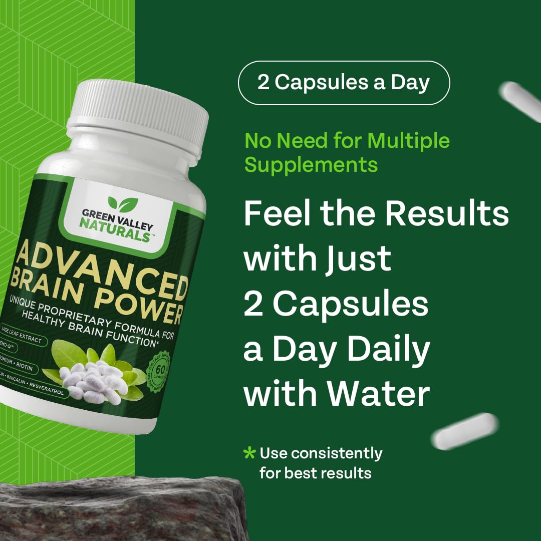 GREEN VALLEY NATURALS - Advanced Brain Power - Supports Healthy, Normal Brain Function, Focus and Concentration, clinically formulated to Support Healthy Brain Clarity. (1 Bottle, 60, Count) - dailyvitalstore