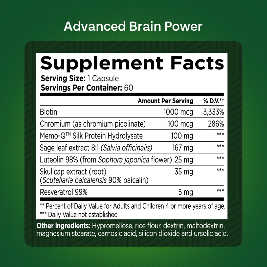 GREEN VALLEY NATURALS - Advanced Brain Power - Supports Healthy, Normal Brain Function, Focus and Concentration, clinically formulated to Support Healthy Brain Clarity. (1 Bottle, 60, Count) - dailyvitalstore