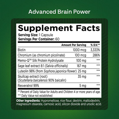 GREEN VALLEY NATURALS - Advanced Brain Power - Supports Healthy, Normal Brain Function, Focus and Concentration, clinically formulated to Support Healthy Brain Clarity. (1 Bottle, 60, Count) - dailyvitalstore