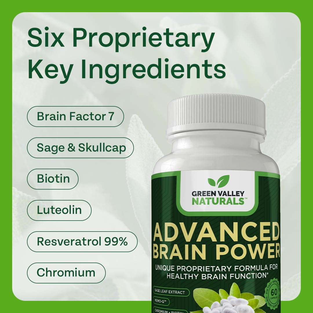 GREEN VALLEY NATURALS - Advanced Brain Power - Supports Healthy, Normal Brain Function, Focus and Concentration, clinically formulated to Support Healthy Brain Clarity. (1 Bottle, 60, Count) - dailyvitalstore