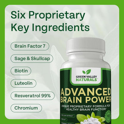 GREEN VALLEY NATURALS - Advanced Brain Power - Supports Healthy, Normal Brain Function, Focus and Concentration, clinically formulated to Support Healthy Brain Clarity. (1 Bottle, 60, Count) - dailyvitalstore