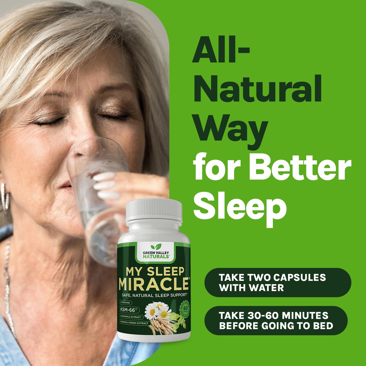 GREEN VALLEY NATURALS My Sleep Miracle Vegan Sleep Support Supplement | Melatonin-Free Formula | Ashwagandha, Chamomile & L-Theanine | Promotes Calm, Relaxation & Restful Sleep | 60 Capsules - dailyvitalstore