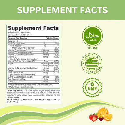 Greenfield Nutritions Halal Multivitamins for Adults | 90 Halal Vitamins for Women & Men | All Essential Gelatin Free Halal Gummy Vitamin, Mineral - dailyvitalstore
