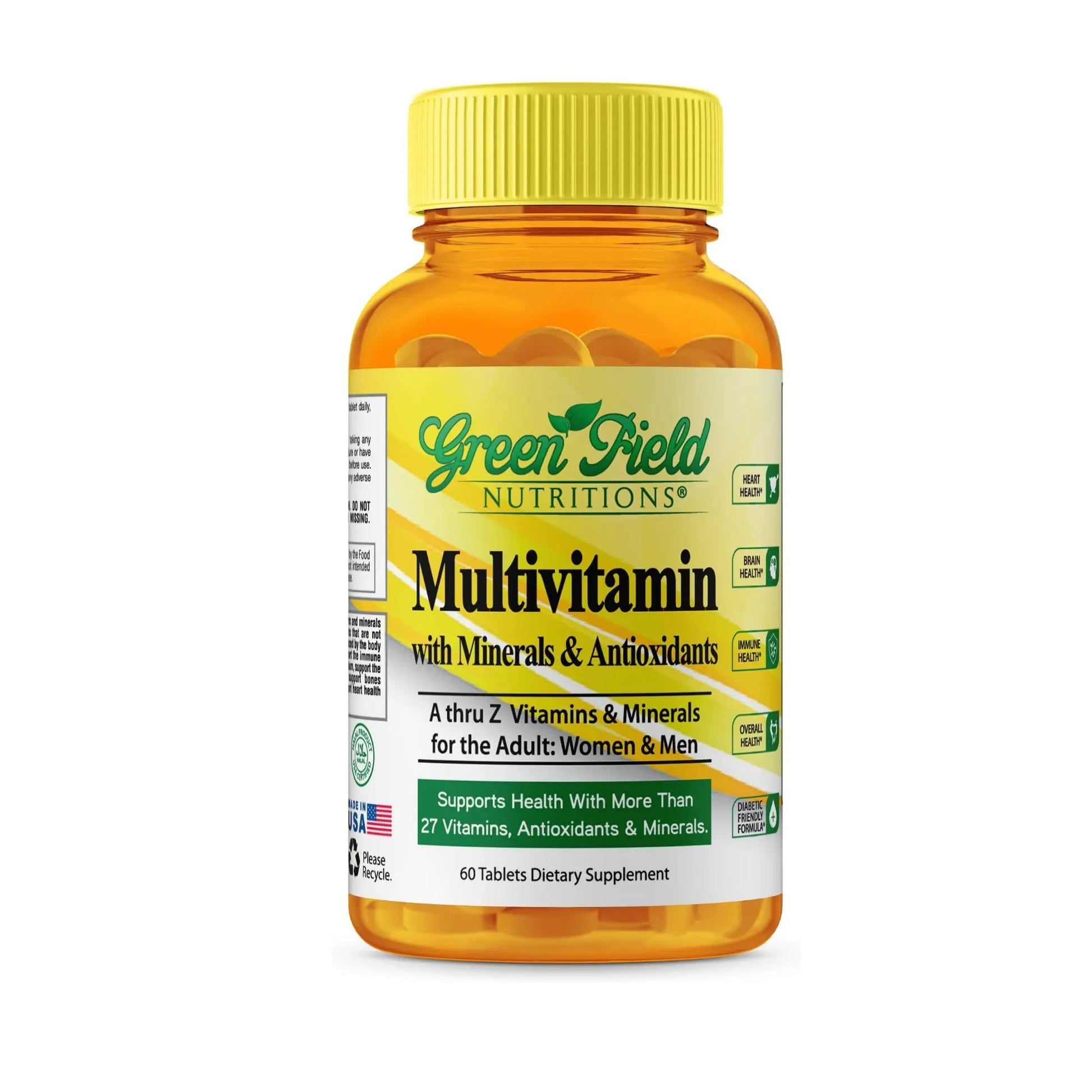 Greenfield Nutritions Halal Multivitamins for Women and Men - 60 Gelatin Free Multivitamin Tablets with 27+ Vitamin Minerals, A, B12, C, D3, Iron and Zinc - dailyvitalstore