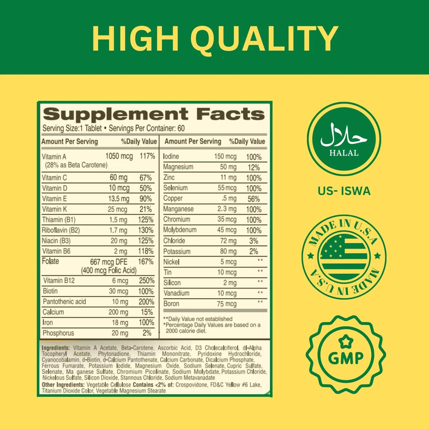 Greenfield Nutritions Halal Multivitamins for Women and Men - 60 Gelatin Free Multivitamin Tablets with 27+ Vitamin Minerals, A, B12, C, D3, Iron and Zinc - dailyvitalstore