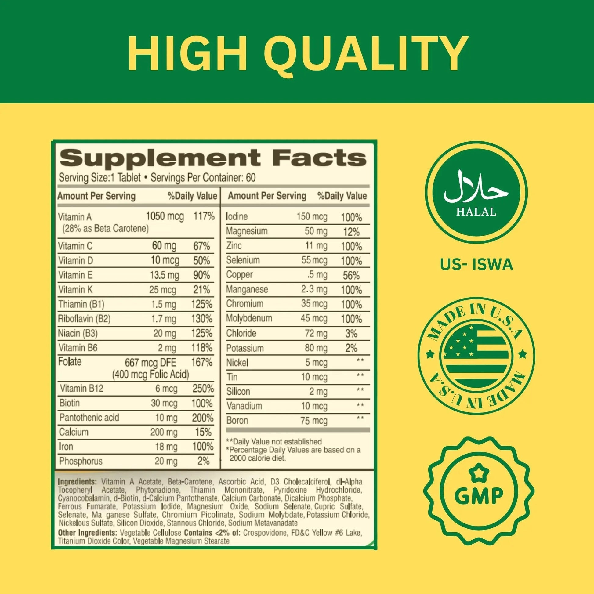 Greenfield Nutritions Halal Multivitamins for Women and Men - 60 Gelatin Free Multivitamin Tablets with 27+ Vitamin Minerals, A, B12, C, D3, Iron and Zinc - dailyvitalstore