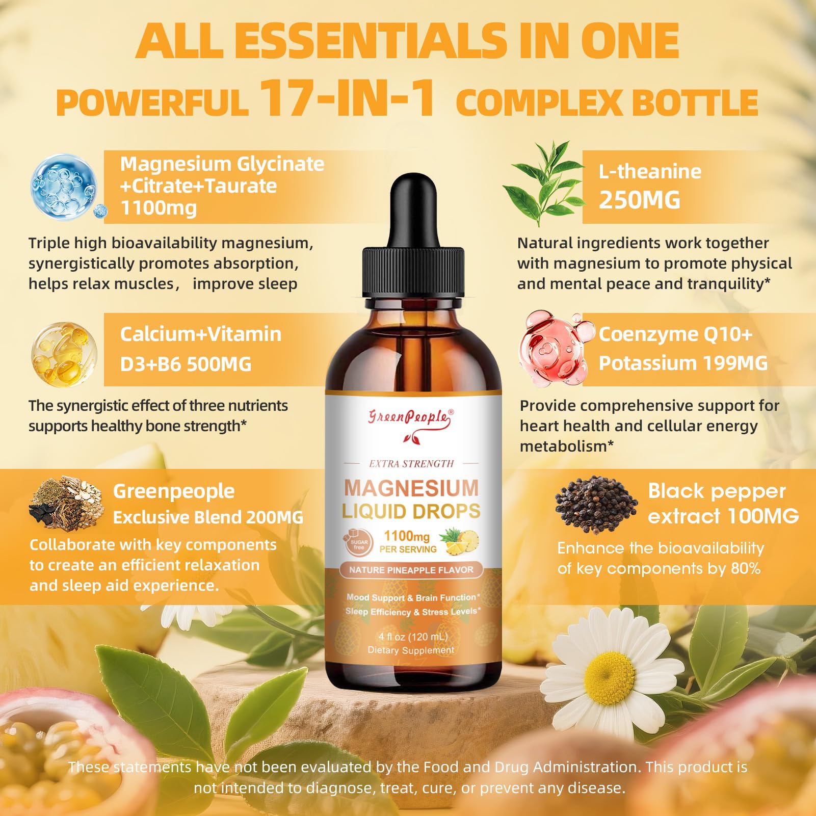 GREENPEOPLE 17-in-1 Triple Magnesium Complex Supplement,Magnesio Liquid Drops with Magnesium Glycinate & Citrate,Pineapple Flavor,Calm Mood,Muscle & Sleep for Adults,4 fl. oz 2Pack - dailyvitalstore