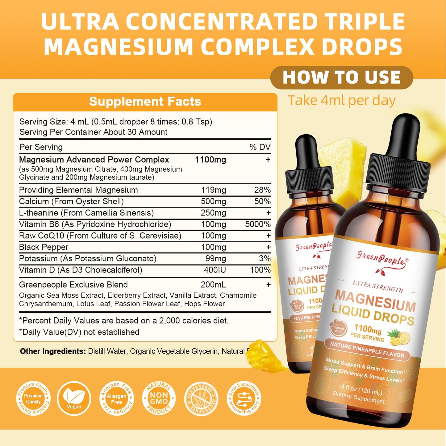 GREENPEOPLE 17-in-1 Triple Magnesium Complex Supplement,Magnesio Liquid Drops with Magnesium Glycinate & Citrate,Pineapple Flavor,Calm Mood,Muscle & Sleep for Adults,4 fl. oz 2Pack - dailyvitalstore