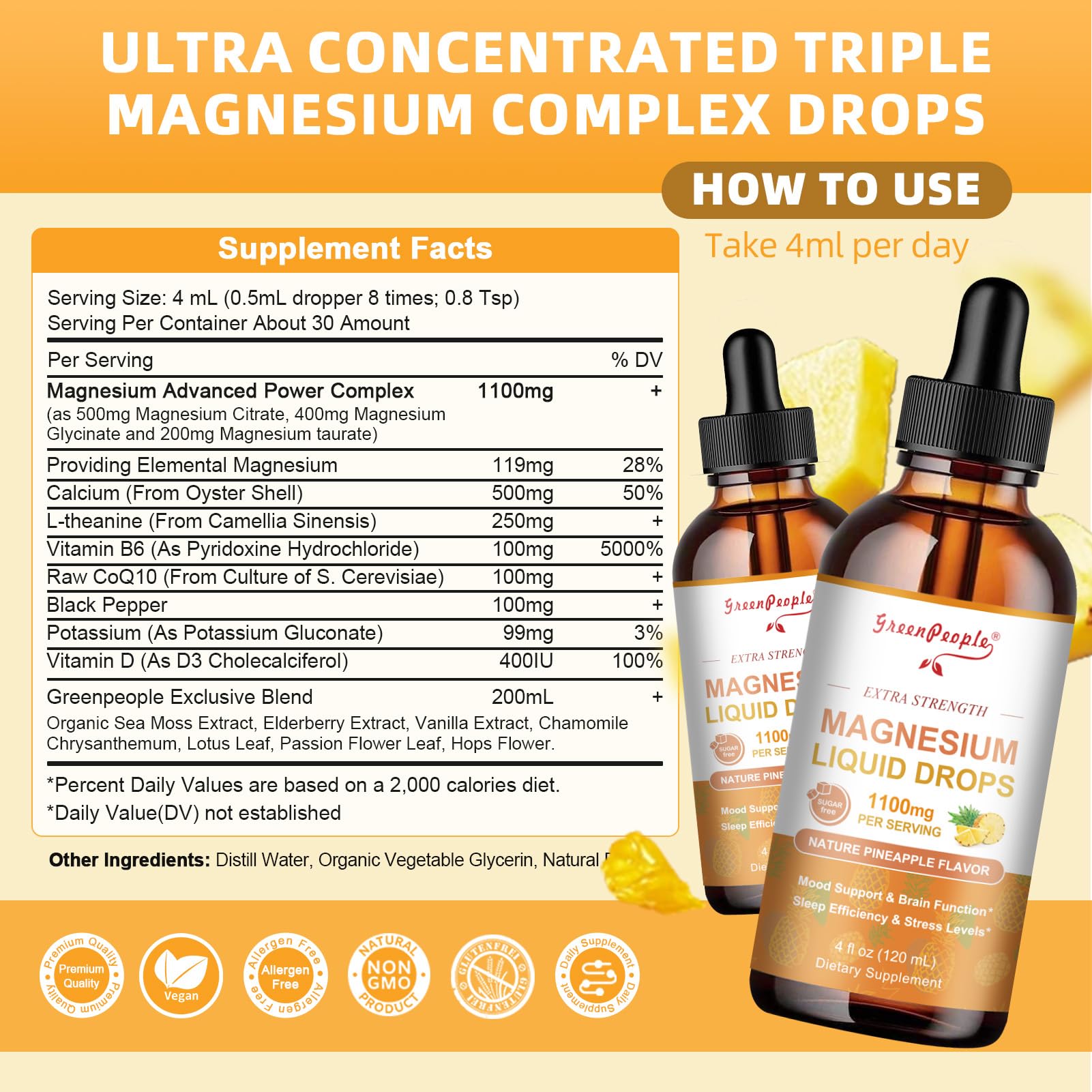 GREENPEOPLE 17-in-1 Triple Magnesium Complex Supplement,Magnesio Liquid Drops with Magnesium Glycinate & Citrate,Pineapple Flavor,Calm Mood,Muscle & Sleep for Adults,4 fl. oz 2Pack - dailyvitalstore