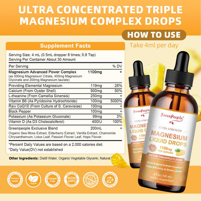 GREENPEOPLE 17-in-1 Triple Magnesium Complex Supplement,Magnesio Liquid Drops with Magnesium Glycinate & Citrate,Pineapple Flavor,Calm Mood,Muscle & Sleep for Adults,4 fl. oz 2Pack - dailyvitalstore