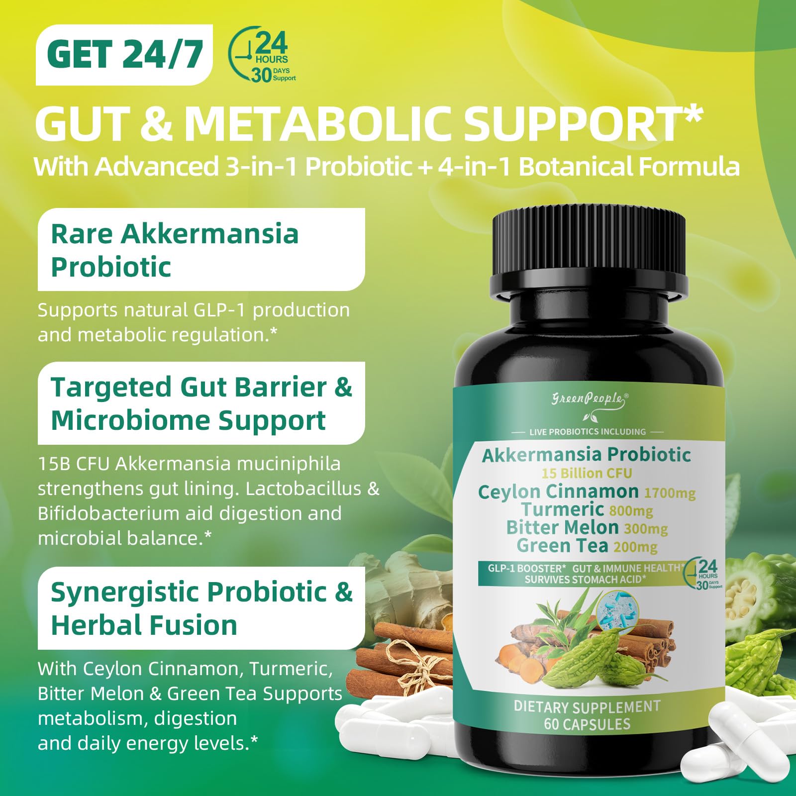 GREENPEOPLE Akkermansia Probiotics 15B CFU for Gut Function, 60CT Probiotics Supplement with Ceylon Cinnamon, Turmeric | Digestive Health & Metabolic Support - dailyvitalstore