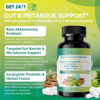 GREENPEOPLE Akkermansia Probiotics 15B CFU for Gut Function, 60CT Probiotics Supplement with Ceylon Cinnamon, Turmeric | Digestive Health & Metabolic Support - dailyvitalstore
