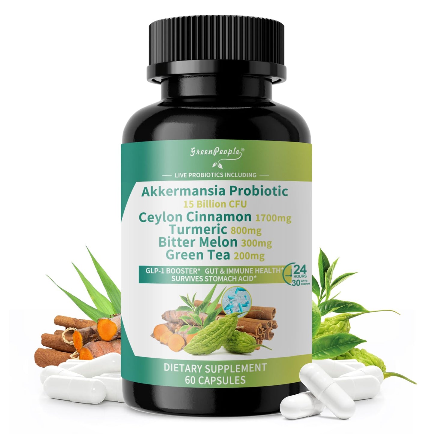 GREENPEOPLE Akkermansia Probiotics 15B CFU for Gut Function, 60CT Probiotics Supplement with Ceylon Cinnamon, Turmeric | Digestive Health & Metabolic Support - dailyvitalstore
