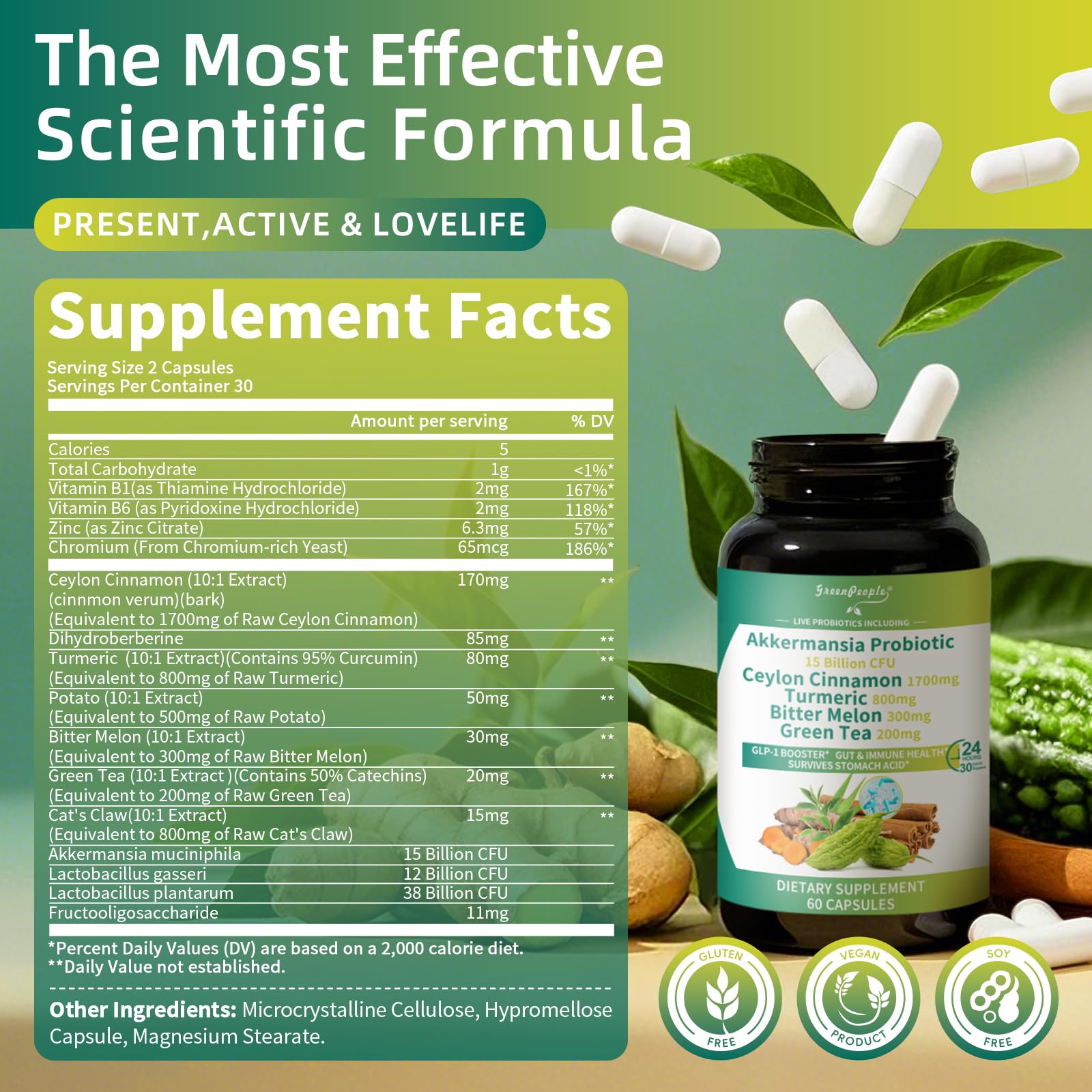 GREENPEOPLE Akkermansia Probiotics 15B CFU for Gut Function, 60CT Probiotics Supplement with Ceylon Cinnamon, Turmeric | Digestive Health & Metabolic Support - dailyvitalstore