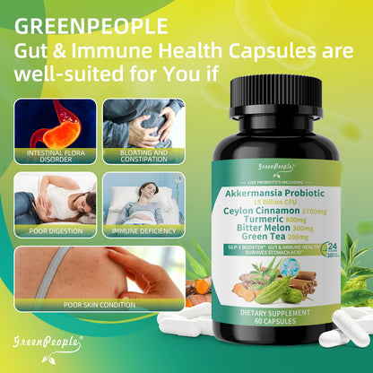GREENPEOPLE Akkermansia Probiotics 15B CFU for Gut Function, 60CT Probiotics Supplement with Ceylon Cinnamon, Turmeric | Digestive Health & Metabolic Support - dailyvitalstore