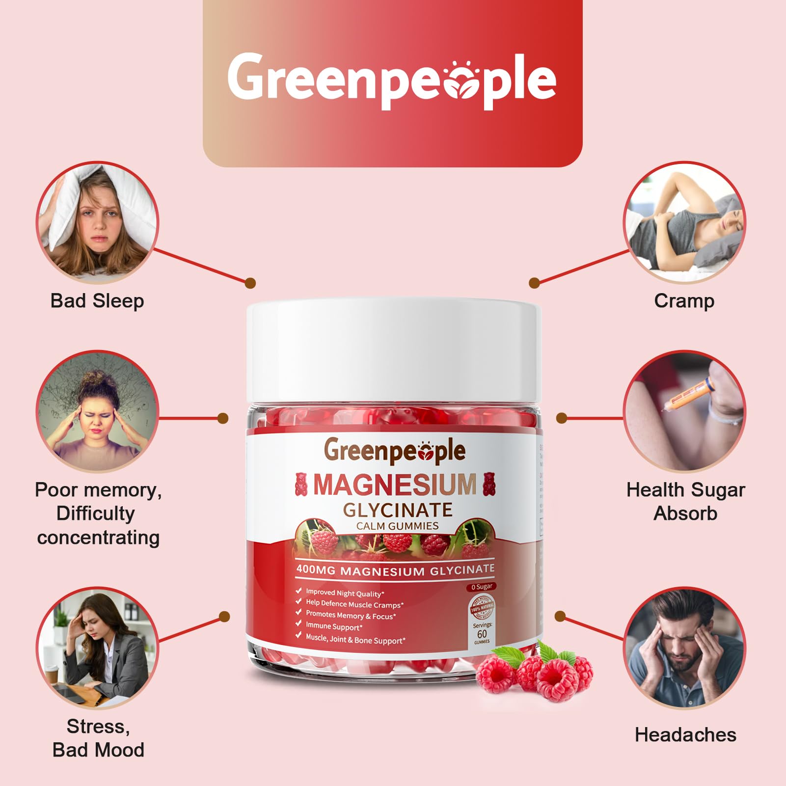 GREENPEOPLE Magnesium Glycinate Gummies 400mg - Sugar Free Magnesium Supplement with Magnesio Citrate, Vitamin D, and B6 for Calm Support & Sleep for Adults - dailyvitalstore