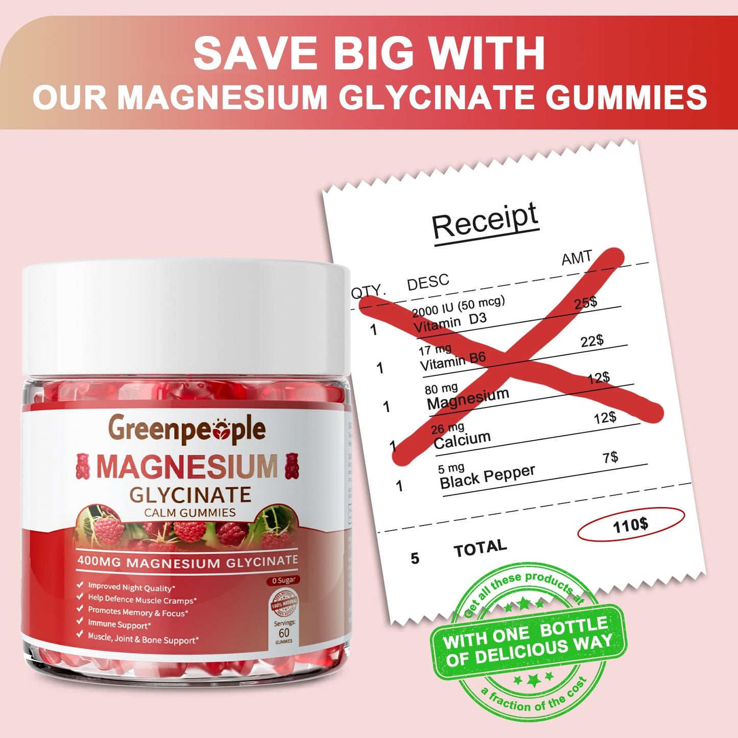 GREENPEOPLE Magnesium Glycinate Gummies 400mg - Sugar Free Magnesium Supplement with Magnesio Citrate, Vitamin D, and B6 for Calm Support & Sleep for Adults - dailyvitalstore