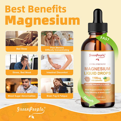 GREENPEOPLE Magnesium Glycinate Liquid Drop - 17-in-1 4Fl. Oz Triple Magnesium Complex Supplement with Glycinate 400mg & Citrate 500mg Taurate/L-Theanine for Calm Mood/Muscle/Sleep,Pineapple Flavor - dailyvitalstore