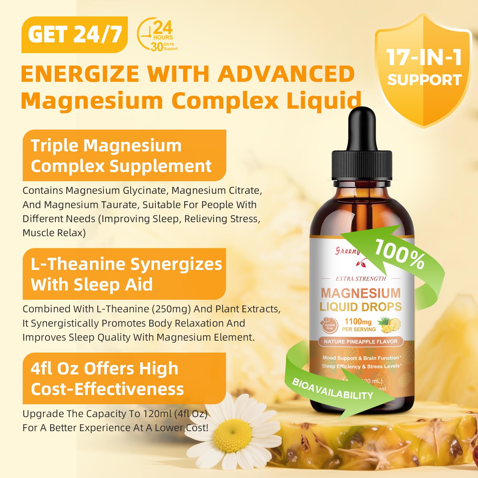 GREENPEOPLE Magnesium Glycinate Liquid Drop - 17-in-1 4Fl. Oz Triple Magnesium Complex Supplement with Glycinate 400mg & Citrate 500mg Taurate/L-Theanine for Calm Mood/Muscle/Sleep,Pineapple Flavor - dailyvitalstore