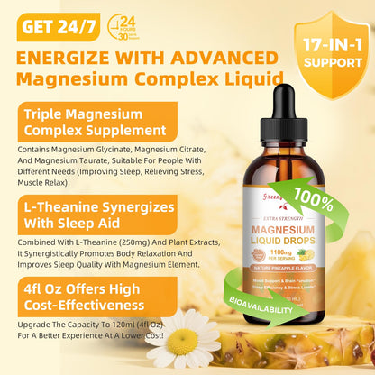 GREENPEOPLE Magnesium Glycinate Liquid Drop - 17-in-1 4Fl. Oz Triple Magnesium Complex Supplement with Glycinate 400mg & Citrate 500mg Taurate/L-Theanine for Calm Mood/Muscle/Sleep,Pineapple Flavor - dailyvitalstore