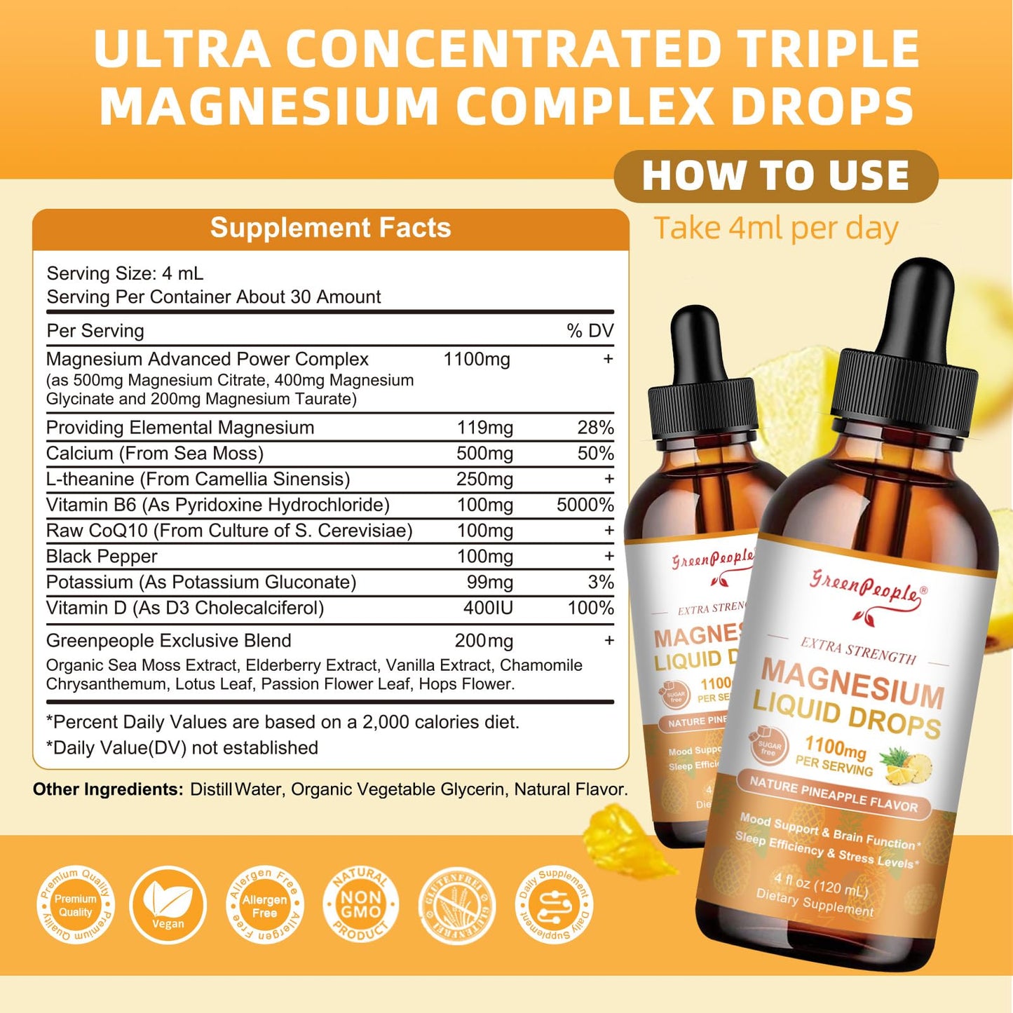 GREENPEOPLE Magnesium Glycinate Liquid Drop - 17-in-1 4Fl. Oz Triple Magnesium Complex Supplement with Glycinate 400mg & Citrate 500mg Taurate/L-Theanine for Calm Mood/Muscle/Sleep,Pineapple Flavor - dailyvitalstore