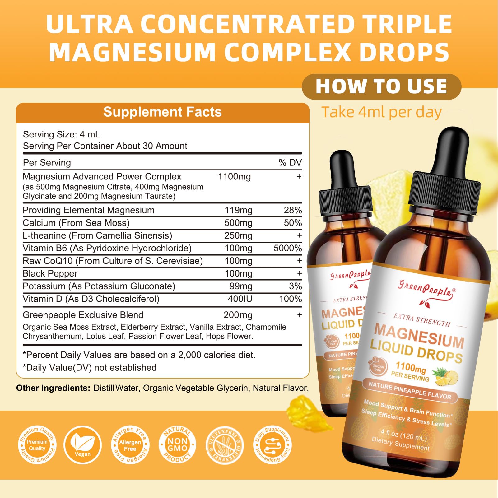 GREENPEOPLE Magnesium Glycinate Liquid Drop - 17-in-1 4Fl. Oz Triple Magnesium Complex Supplement with Glycinate 400mg & Citrate 500mg Taurate/L-Theanine for Calm Mood/Muscle/Sleep,Pineapple Flavor - dailyvitalstore