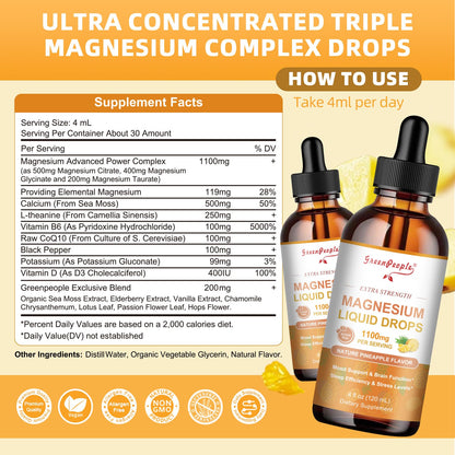 GREENPEOPLE Magnesium Glycinate Liquid Drop - 17-in-1 4Fl. Oz Triple Magnesium Complex Supplement with Glycinate 400mg & Citrate 500mg Taurate/L-Theanine for Calm Mood/Muscle/Sleep,Pineapple Flavor - dailyvitalstore