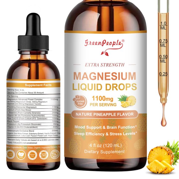 GREENPEOPLE Magnesium Glycinate Liquid Drop - 17-in-1 4Fl. Oz Triple Magnesium Complex Supplement with Glycinate 400mg & Citrate 500mg Taurate/L-Theanine for Calm Mood/Muscle/Sleep,Pineapple Flavor - dailyvitalstore