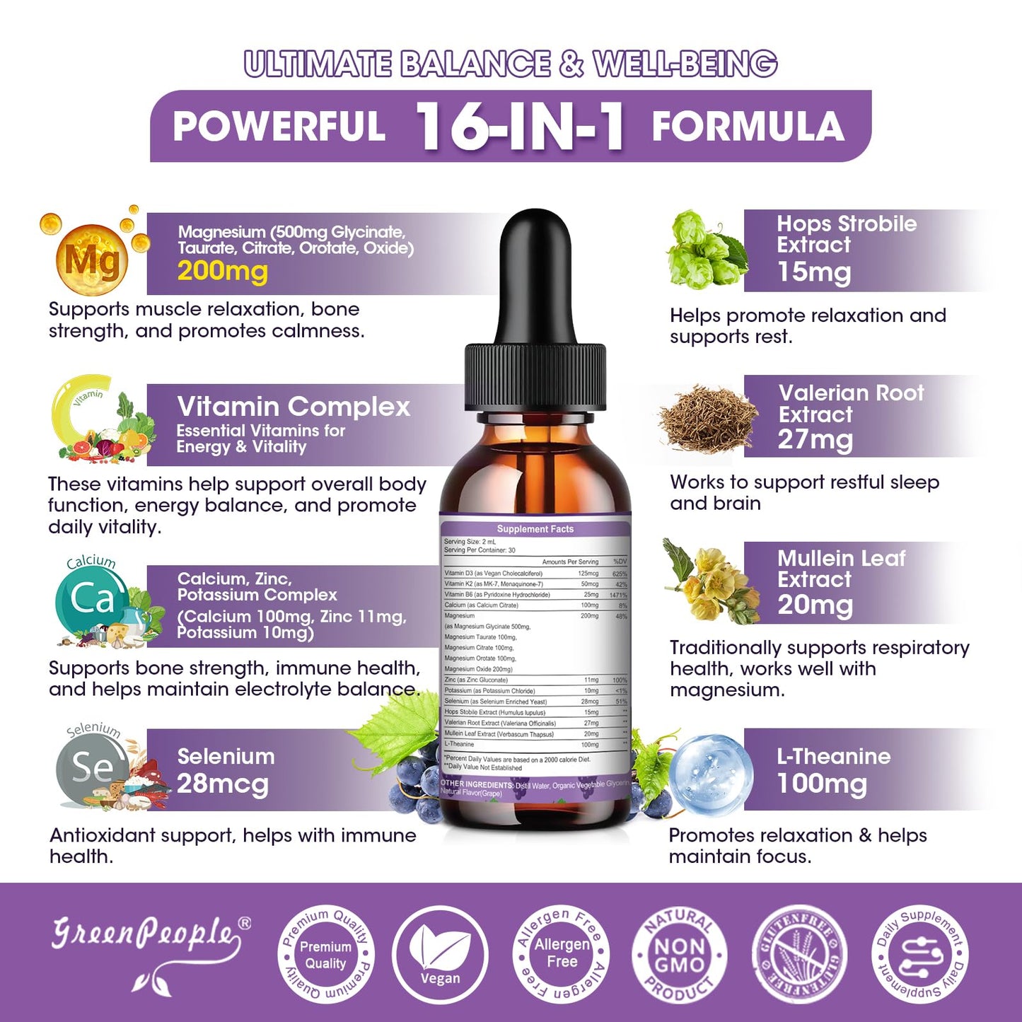 GREENPEOPLE Magnesium Glycinate Liquid Drops - 1000mg 5-in-1 High Absorption Liquid Magnesium for Sleep with D3/K2/B6 | Fast-Acting, Bone, Muscle & Sleep | Sugar-Free Grape Flavor, 2fl Oz - dailyvitalstore