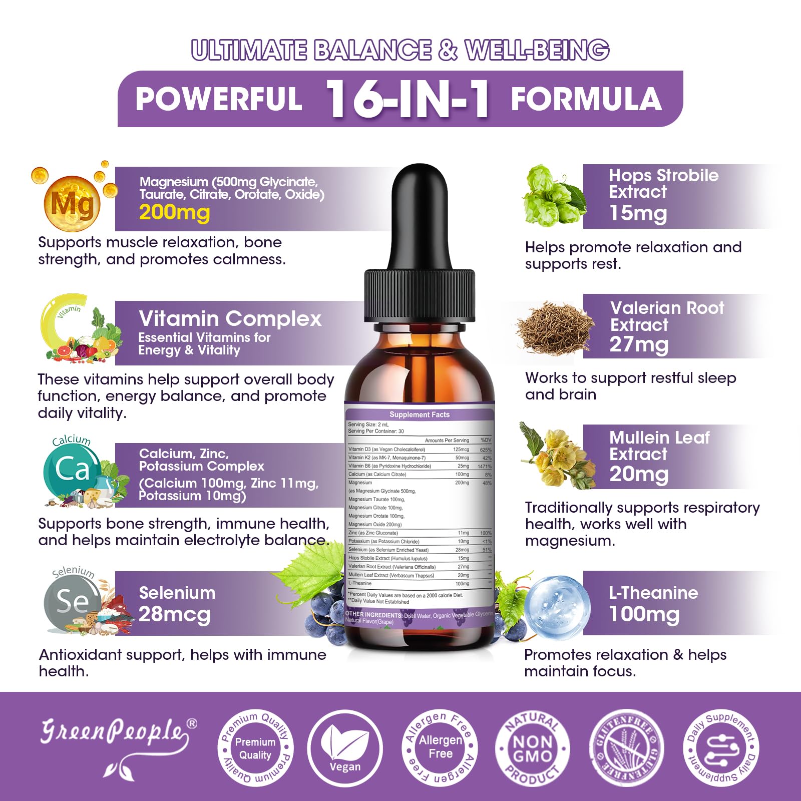 GREENPEOPLE Magnesium Glycinate Liquid Drops - 1000mg 5-in-1 High Absorption Liquid Magnesium for Sleep with D3/K2/B6 | Fast-Acting, Bone, Muscle & Sleep | Sugar-Free Grape Flavor, 2fl Oz - dailyvitalstore