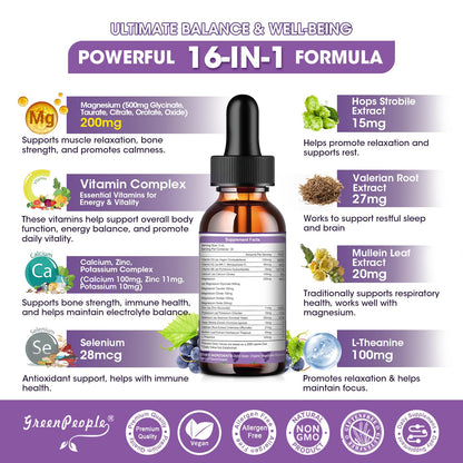 GREENPEOPLE Magnesium Glycinate Liquid Drops - 1000mg 5-in-1 High Absorption Liquid Magnesium for Sleep with D3/K2/B6 | Fast-Acting, Bone, Muscle & Sleep | Sugar-Free Grape Flavor, 2fl Oz - dailyvitalstore