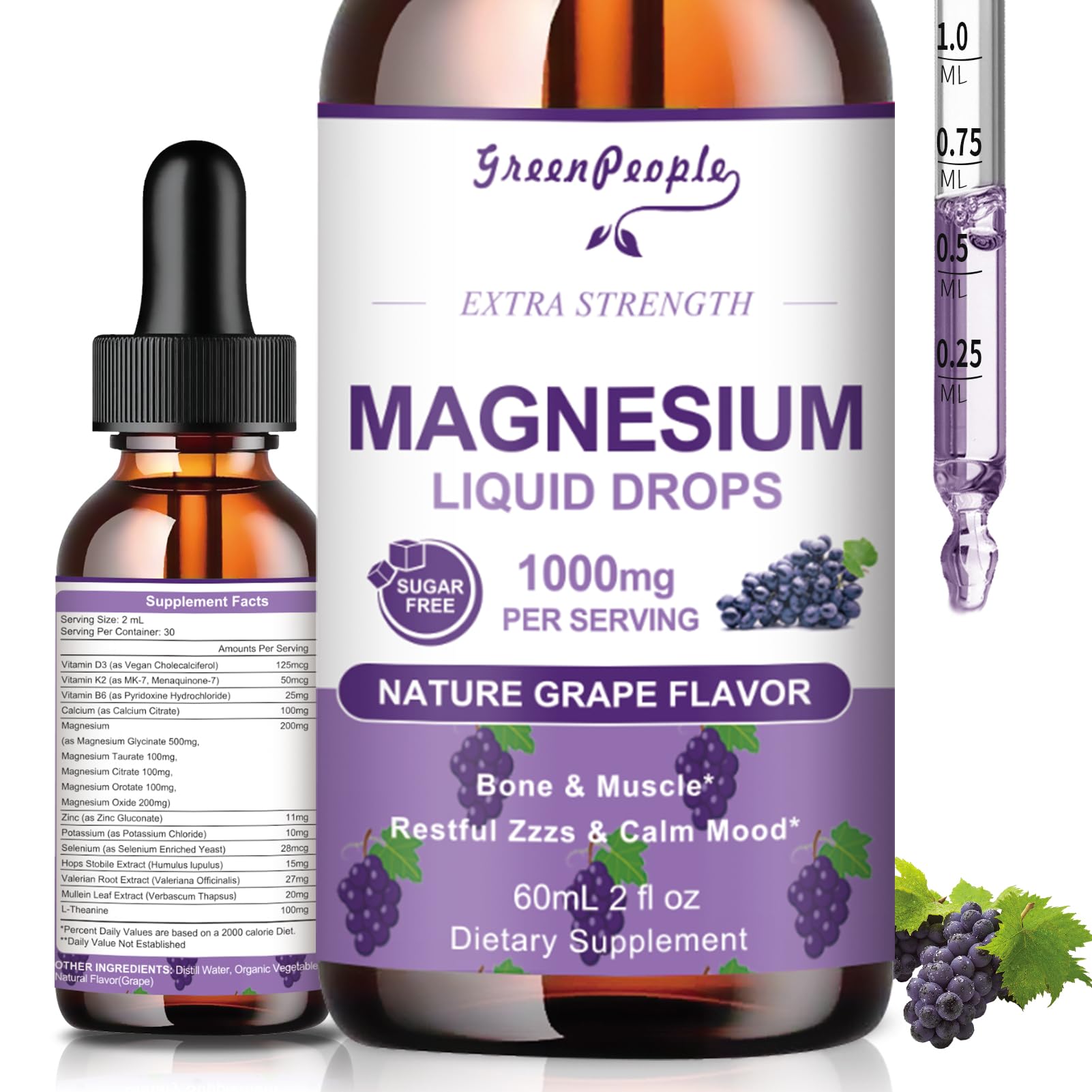 GREENPEOPLE Magnesium Glycinate Liquid Drops - 1000mg 5-in-1 High Absorption Liquid Magnesium for Sleep with D3/K2/B6 | Fast-Acting, Bone, Muscle & Sleep | Sugar-Free Grape Flavor, 2fl Oz - dailyvitalstore