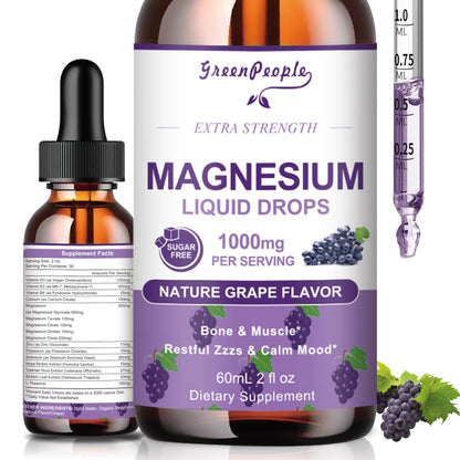 GREENPEOPLE Magnesium Glycinate Liquid Drops - 1000mg 5-in-1 High Absorption Liquid Magnesium for Sleep with D3/K2/B6 | Fast-Acting, Bone, Muscle & Sleep | Sugar-Free Grape Flavor, 2fl Oz - dailyvitalstore