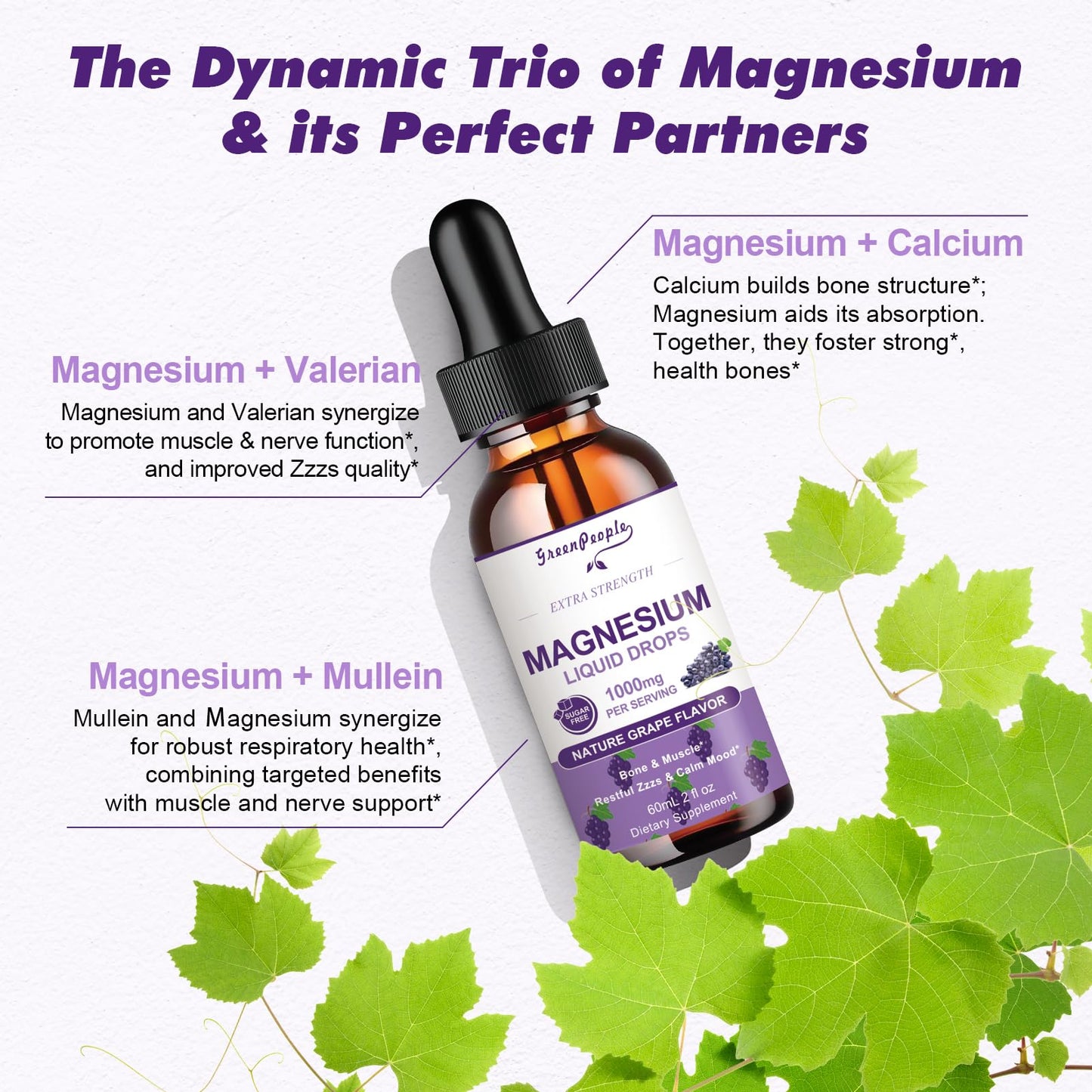 GREENPEOPLE Magnesium Glycinate Liquid Drops - 1000mg 5-in-1 High Absorption Liquid Magnesium for Sleep with D3/K2/B6 | Fast-Acting, Bone, Muscle & Sleep | Sugar-Free Grape Flavor, 2fl Oz - dailyvitalstore