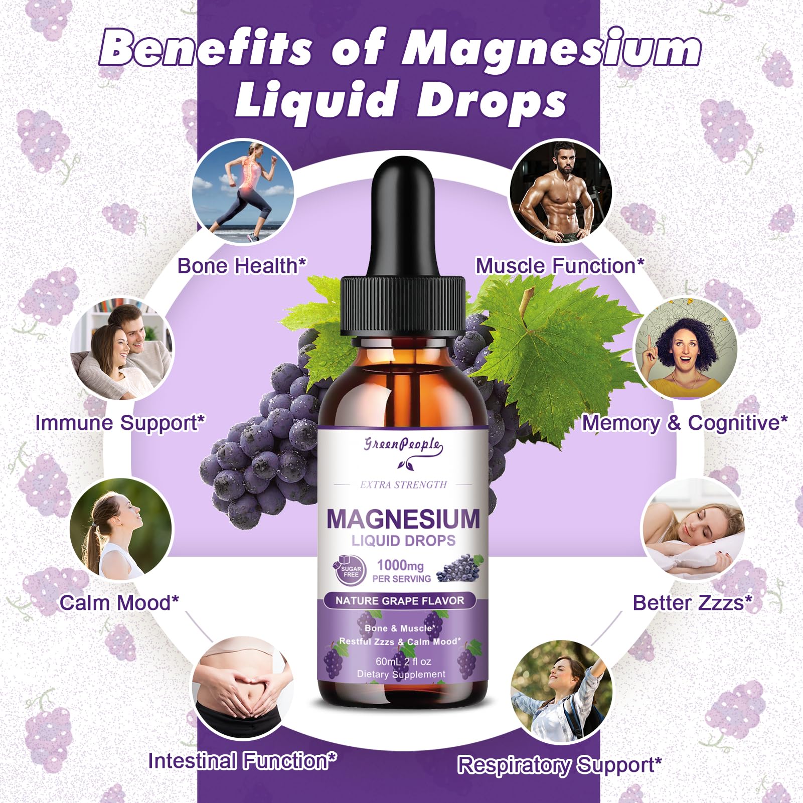 GREENPEOPLE Magnesium Glycinate Liquid Drops - 1000mg 5-in-1 High Absorption Liquid Magnesium for Sleep with D3/K2/B6 | Fast-Acting, Bone, Muscle & Sleep | Sugar-Free Grape Flavor, 2fl Oz - dailyvitalstore