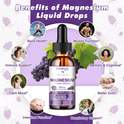 GREENPEOPLE Magnesium Glycinate Liquid Drops - 1000mg 5-in-1 High Absorption Liquid Magnesium for Sleep with D3/K2/B6 | Fast-Acting, Bone, Muscle & Sleep | Sugar-Free Grape Flavor, 2fl Oz - dailyvitalstore