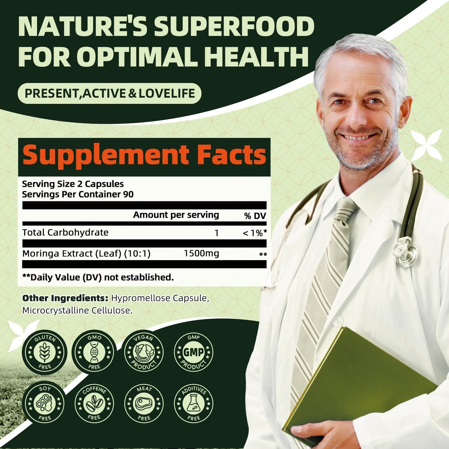 GREENPEOPLE Whole-Leaf Moringa Capsules 1500mg - High Potency 10:1 Moringa Oleifera Leaf Extract - Natural Green Superfood for Energy & Immune Support - dailyvitalstore