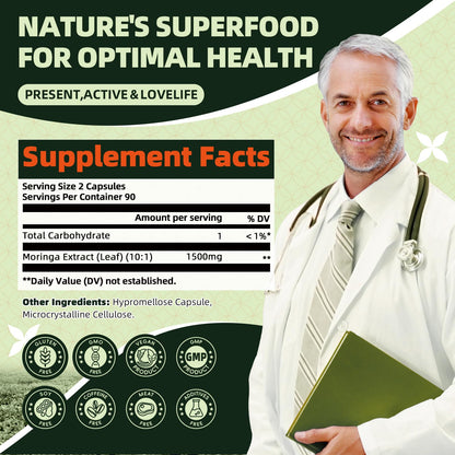 GREENPEOPLE Whole-Leaf Moringa Capsules 1500mg - High Potency 10:1 Moringa Oleifera Leaf Extract - Natural Green Superfood for Energy & Immune Support - dailyvitalstore